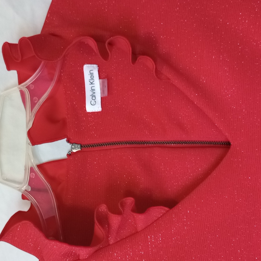 Red Ruffle Coller Sparkly Dress Sleeveless Calvin Klein Size 12 - Picture 2 of 3
